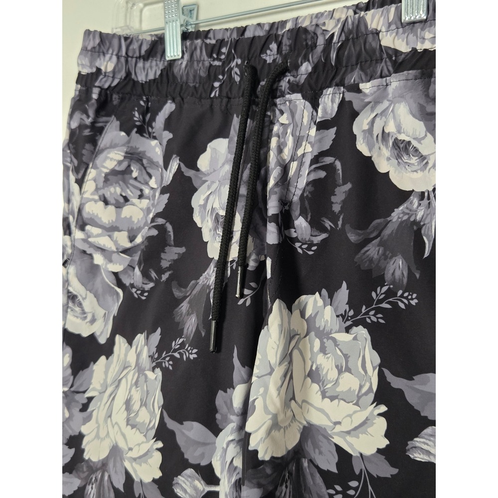 Rebel Minds Mens Floral Shorts Black Grey White Rose Print Drawstring Size S